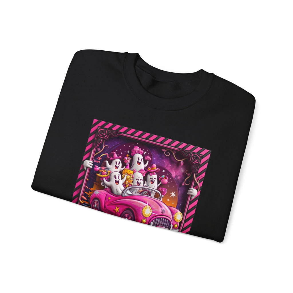 Black crewneck sweatshirt folded to show the carload of smiling ghosts cruises in a bubblegum pink print
