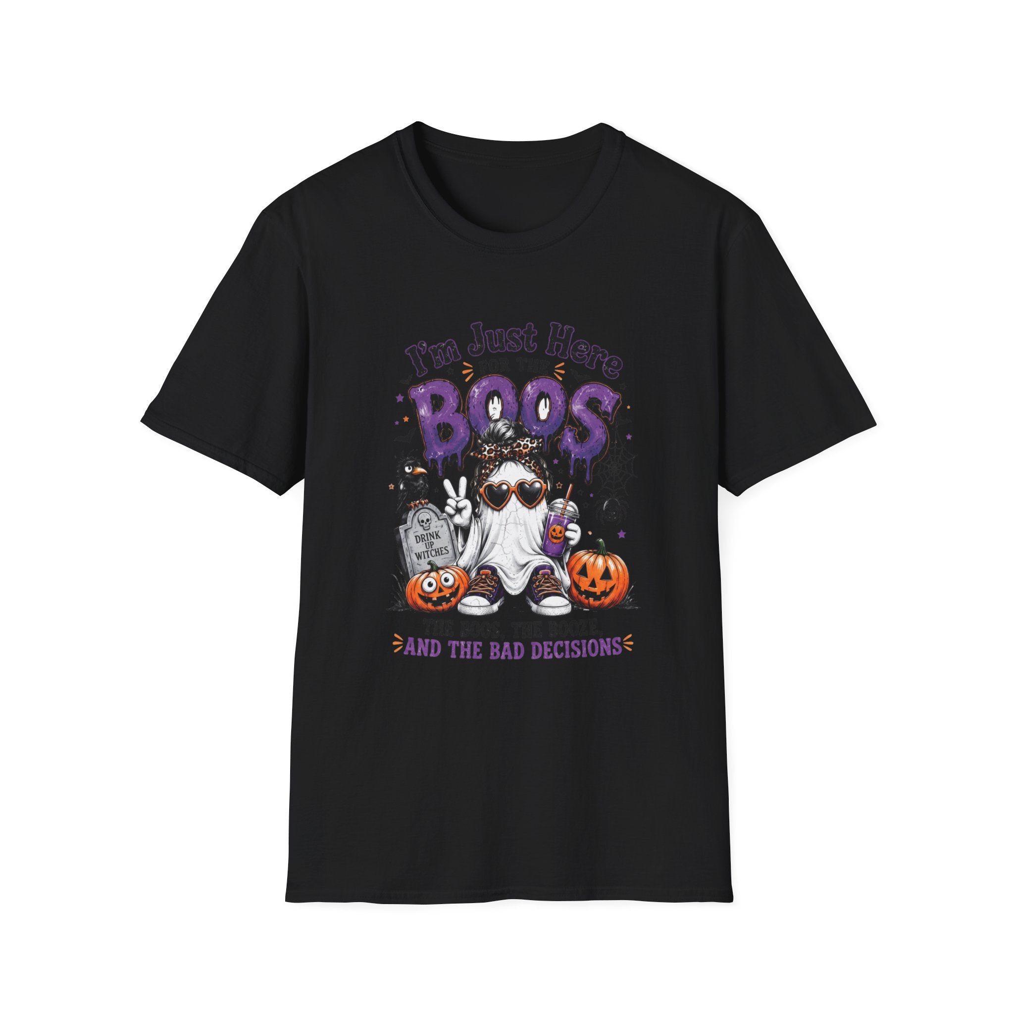 Black t-shirt laid flat, printed with a cartoon ghosts in sunglasses stacked over pumpkins