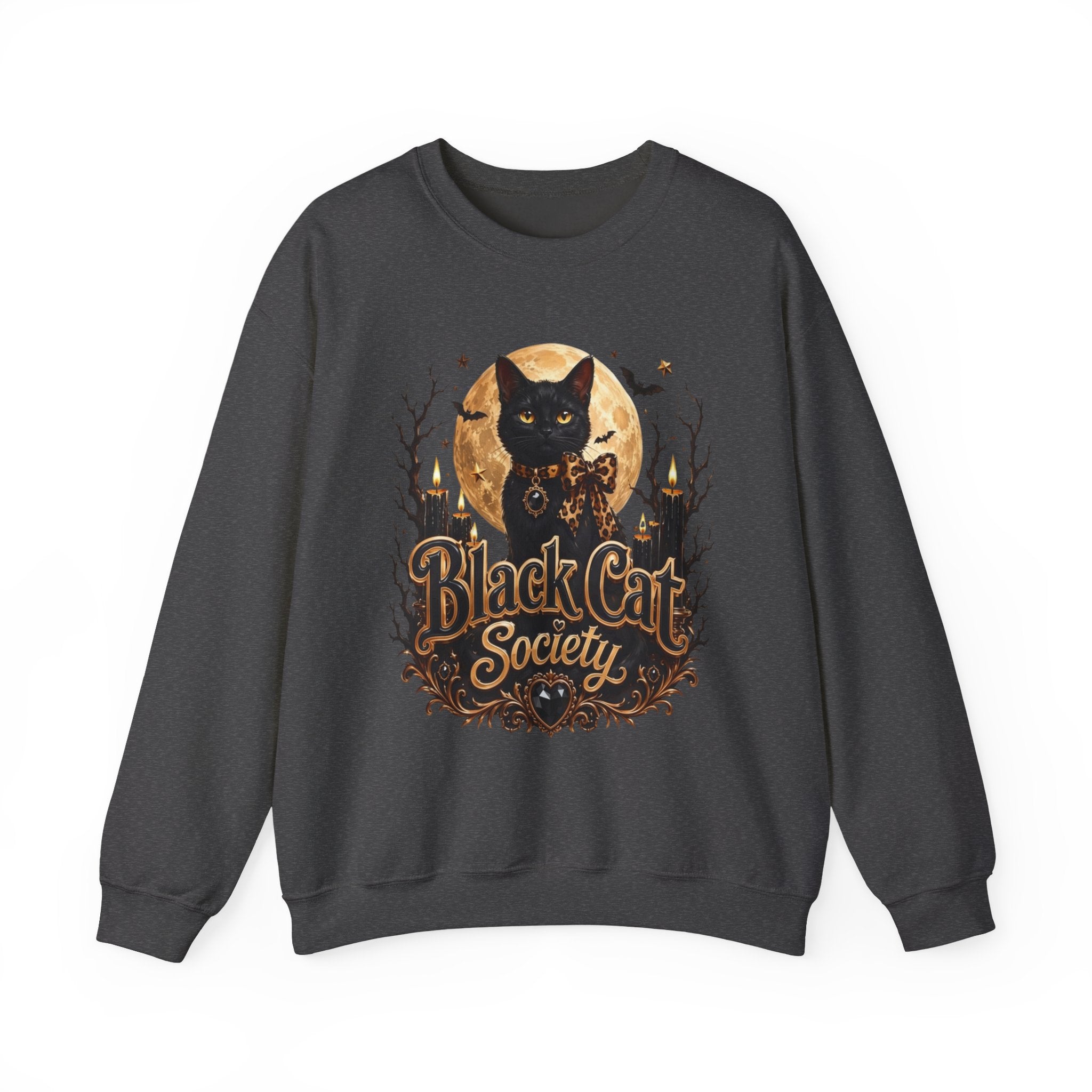 Dark Heather crewneck sweatshirt laid flat, printed with a black cat sits before a glowing full moon