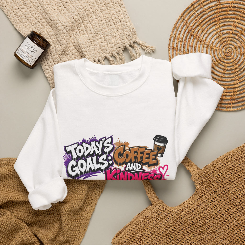White crewneck sweatshirt styled flat with a candle — graffiti lettering in electric pinks
