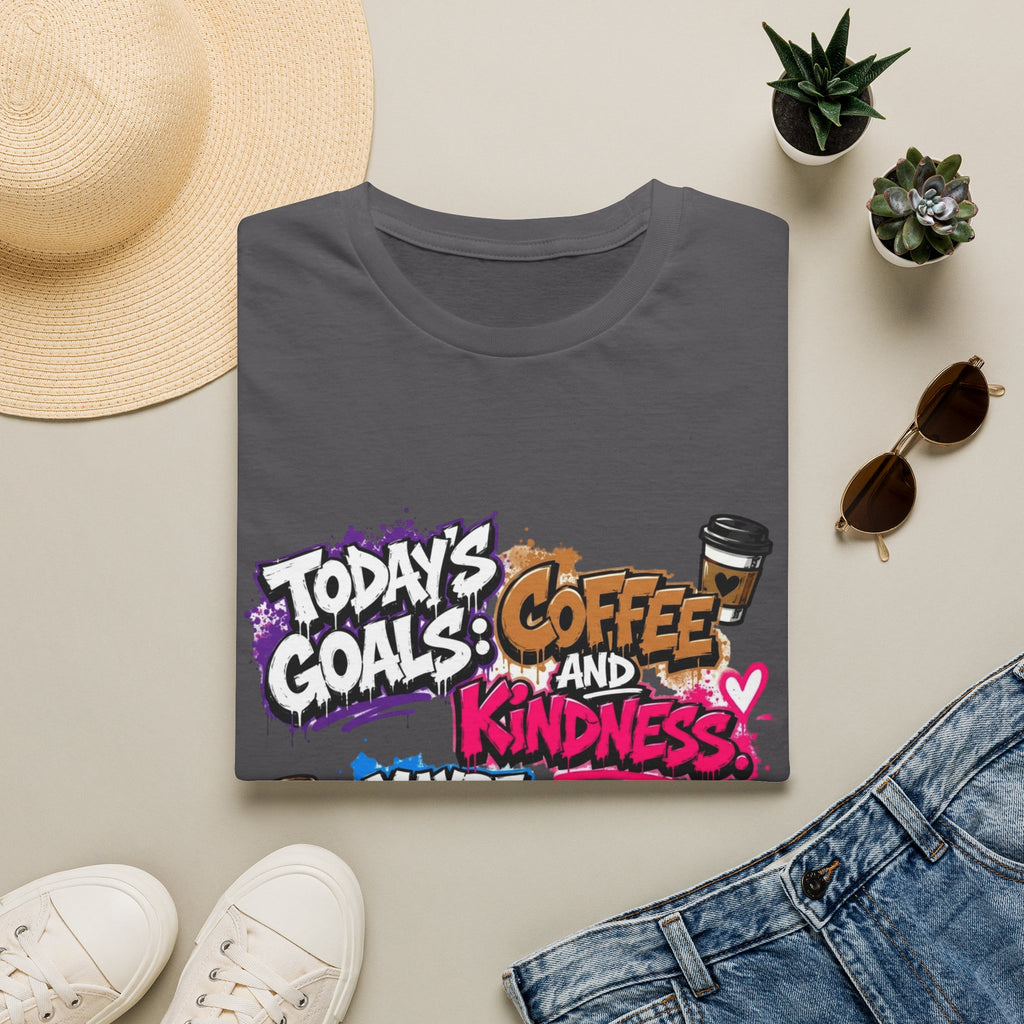 Charcoal t-shirt styled flat with a candle — graffiti lettering in electric pinks