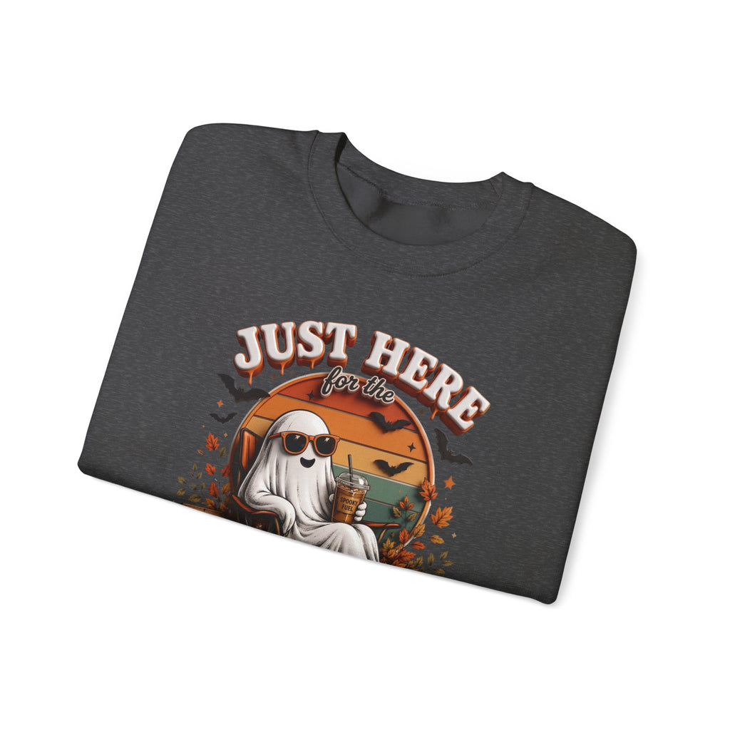 Dark Heather crewneck sweatshirt folded to show the ghost in sunglasses kicks back with an iced coffee print