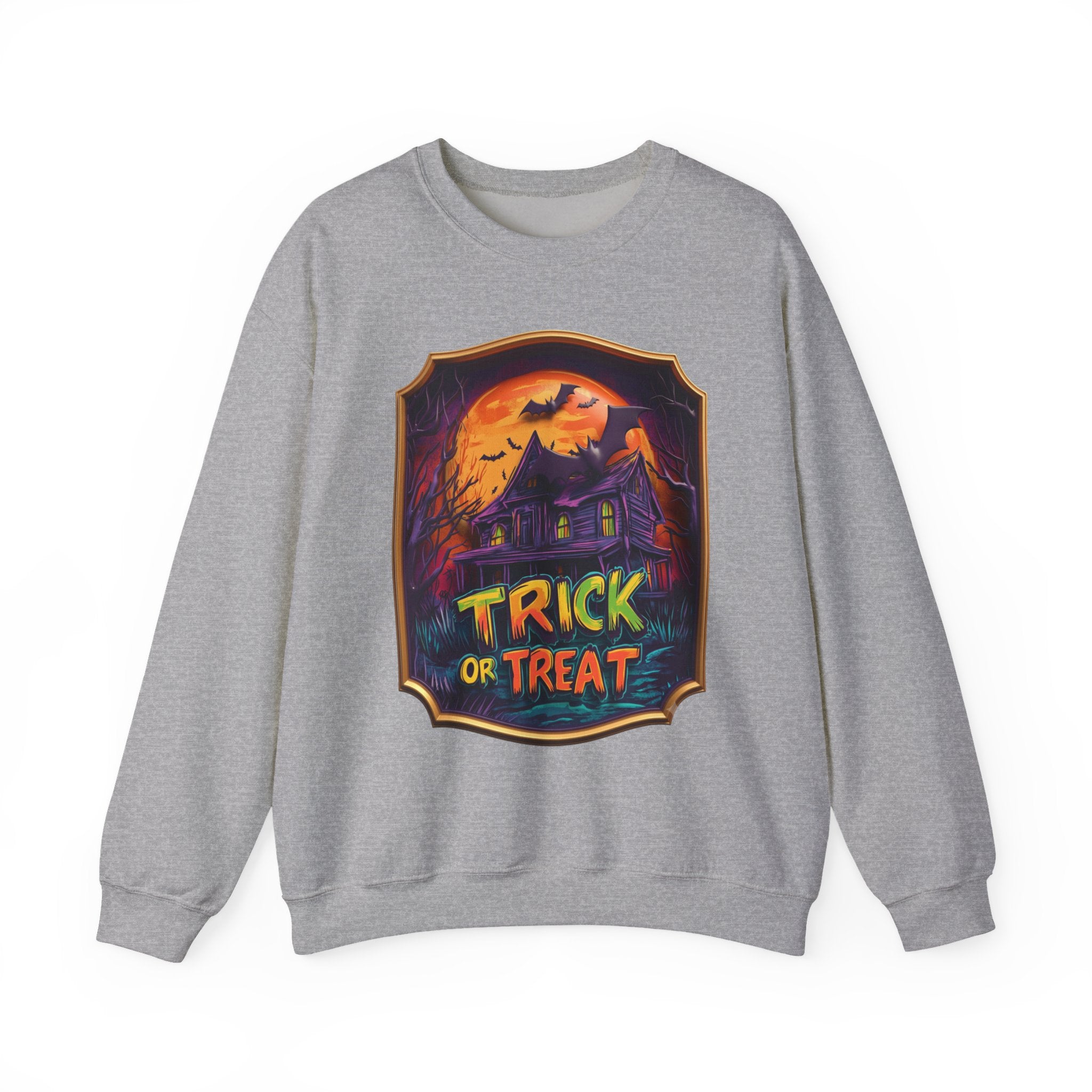 Sport Grey crewneck sweatshirt laid flat, printed with a purple haunted mansion sits under a blazing orange moon
