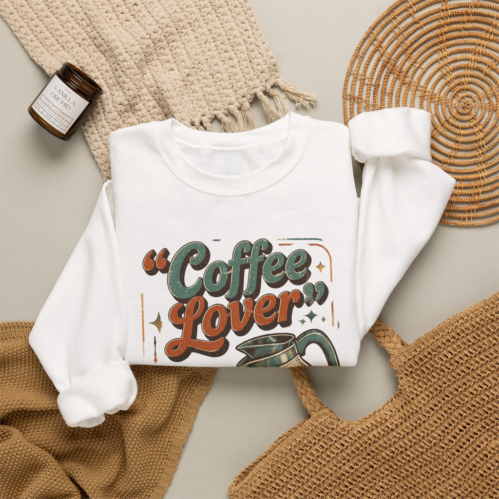 White crewneck sweatshirt styled flat with a candle — retro coffee pot