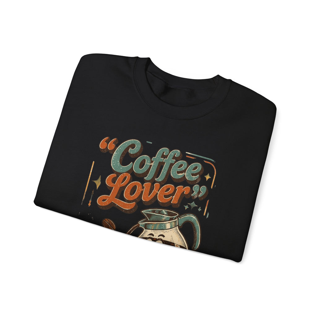 Black crewneck sweatshirt folded to show the retro coffee pot print