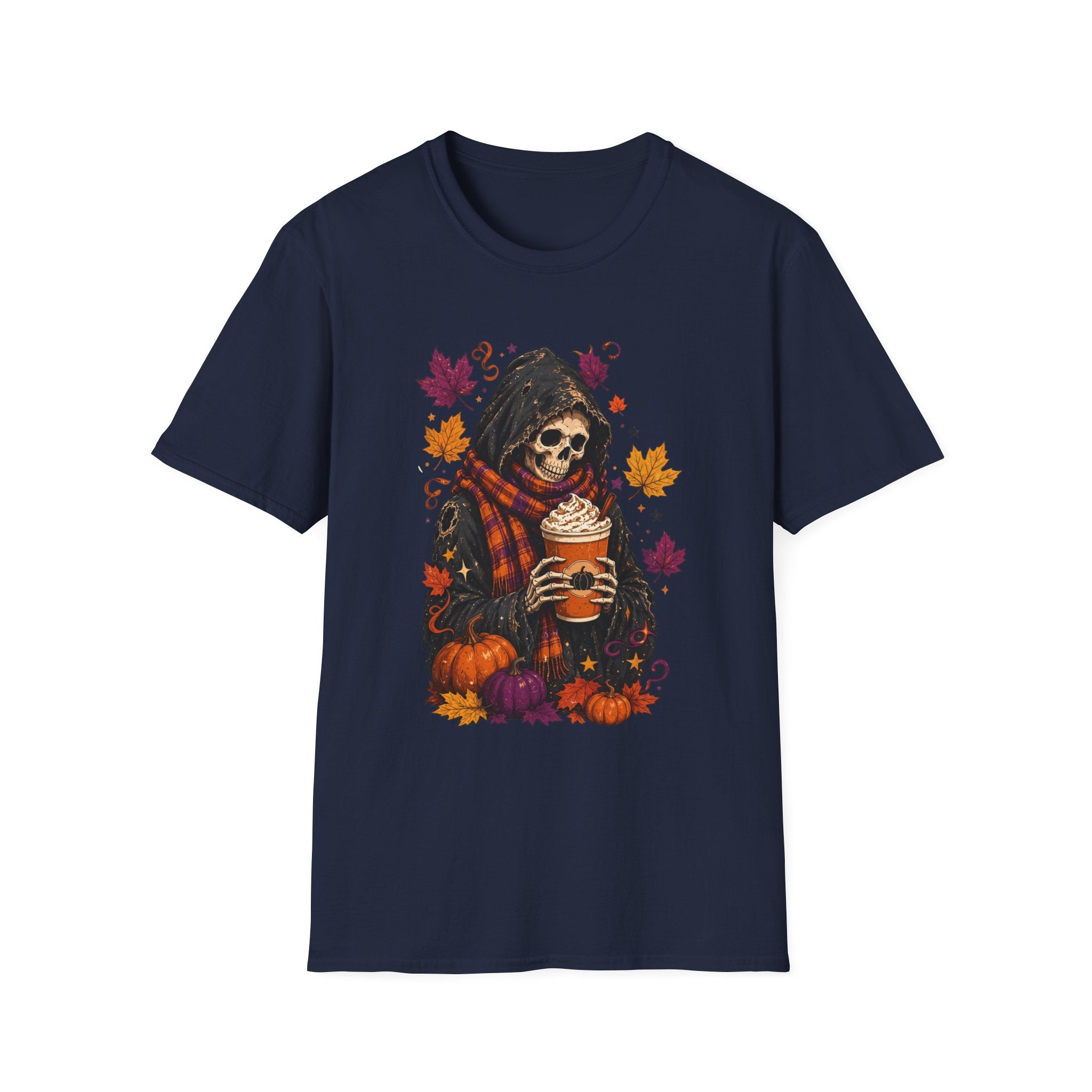 Navy t-shirt laid flat, printed with a hooded reaper holding a pumpkin spice drink among falling