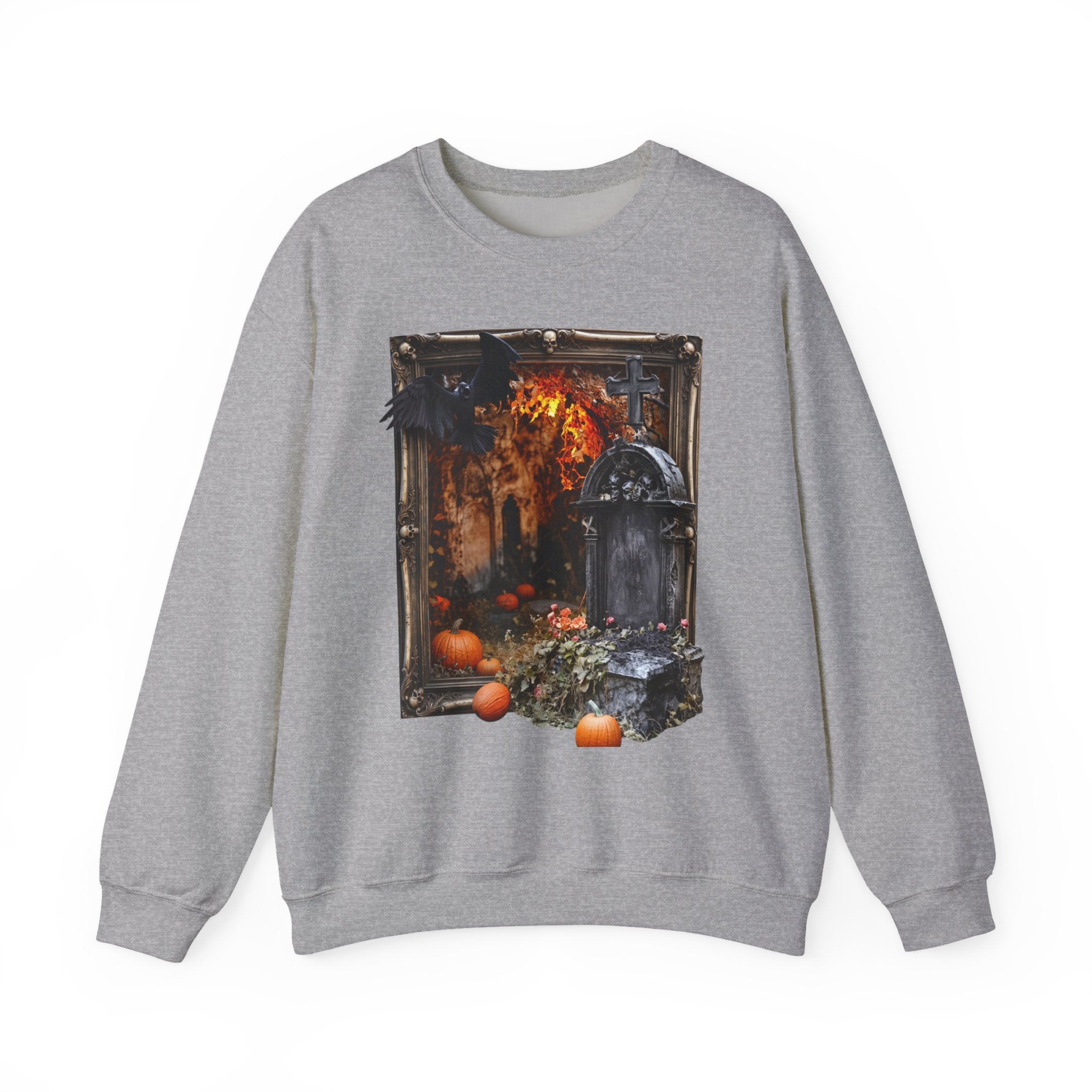Sport Grey crewneck sweatshirt laid flat, printed with a framed painterly scene of a stone tomb