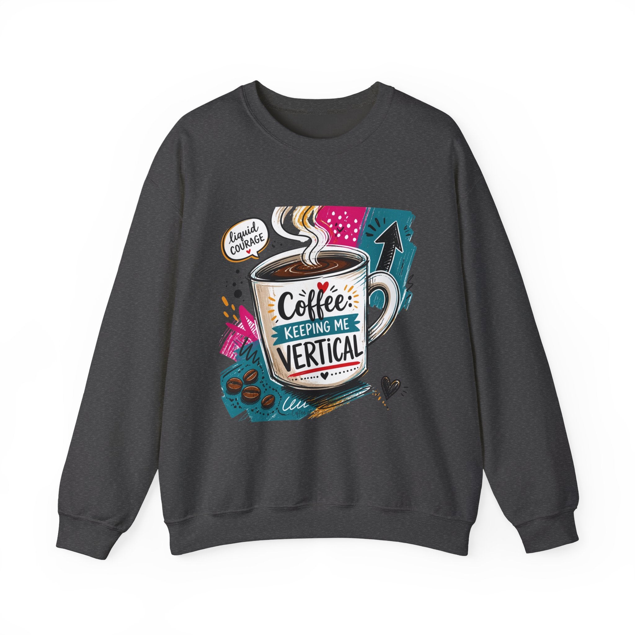 Dark Heather crewneck sweatshirt laid flat, printed with a striped coffee mug in a retro paper collage reading