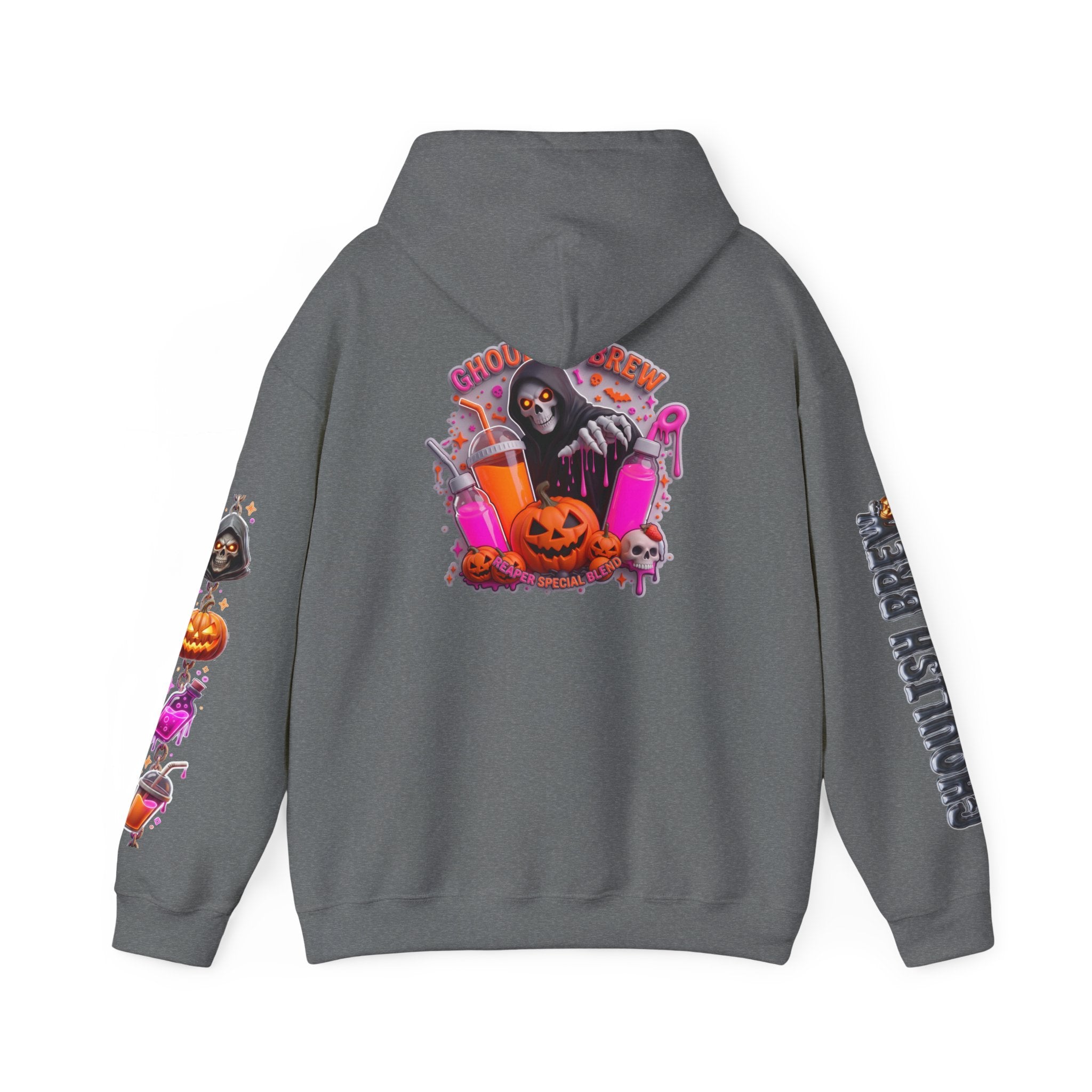 Graphite Heather hoodie, plain back — Potion Co jack-o-lanterns and potion bottles on the front