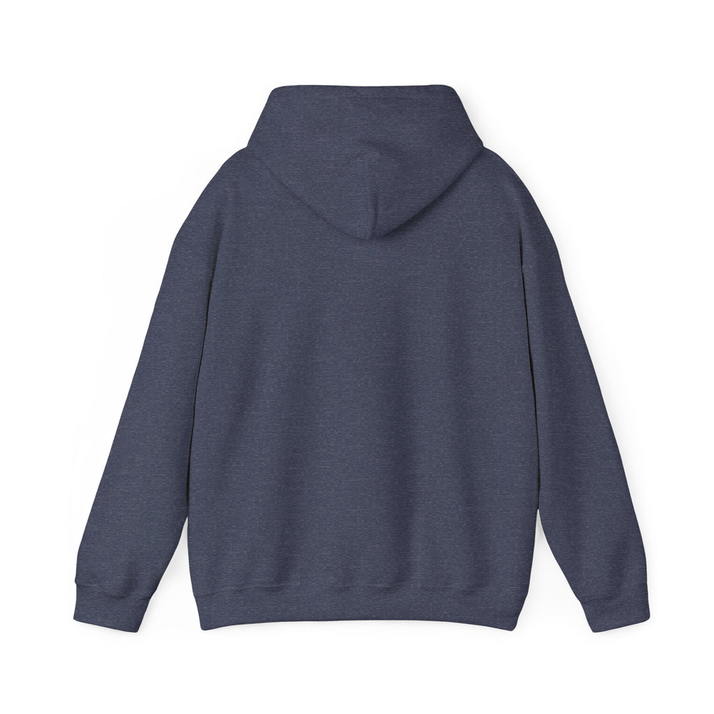 Heather Sport Dark Navy hoodie, plain back — sunset skeleton print on the front