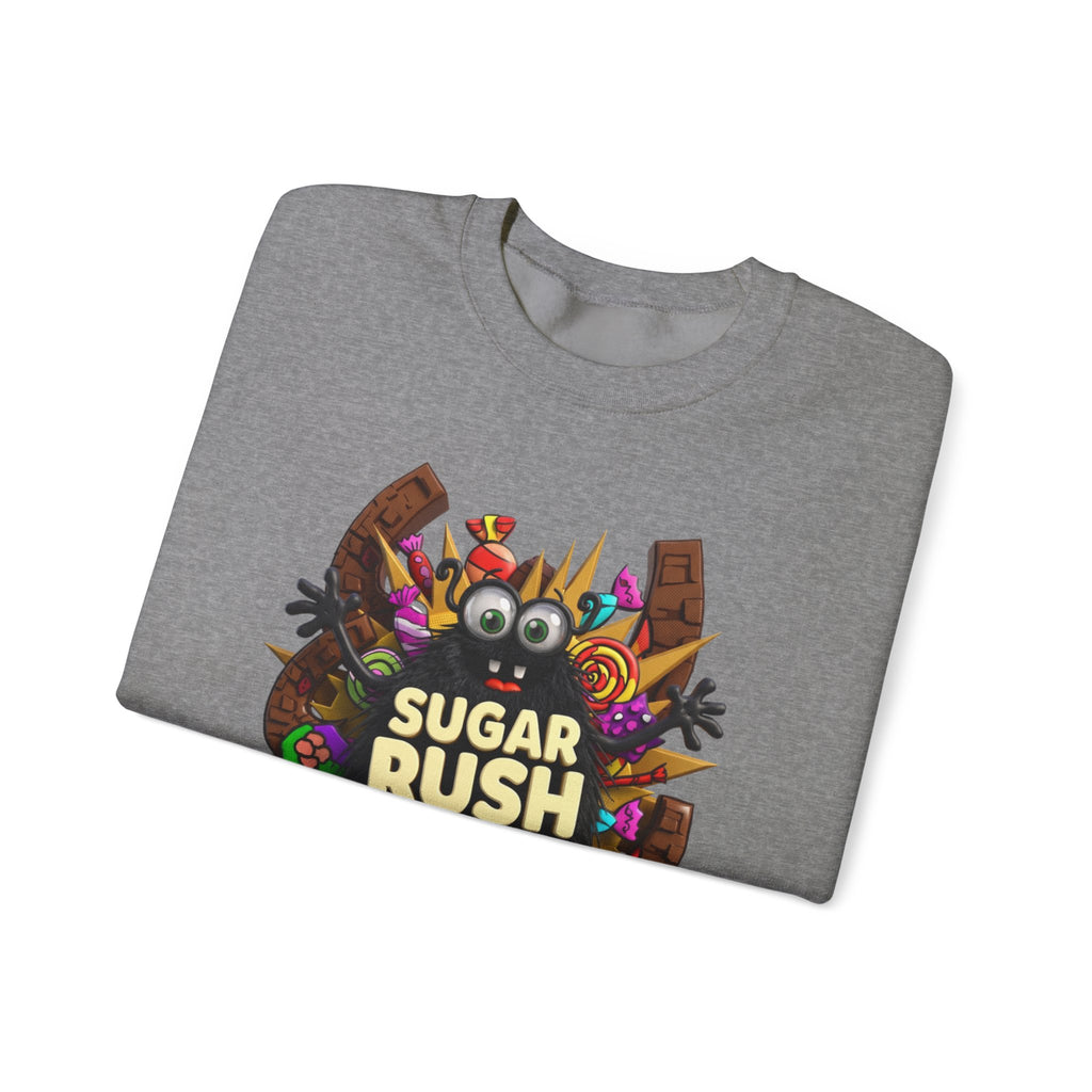 Graphite Heather crewneck sweatshirt folded to show the fuzzy black monster with big googly eyes bursts out print