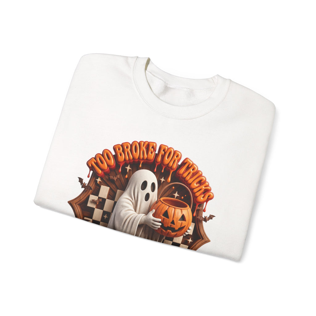 White crewneck sweatshirt folded to show the sheet ghost hugs a jack-o-lantern candy pail print