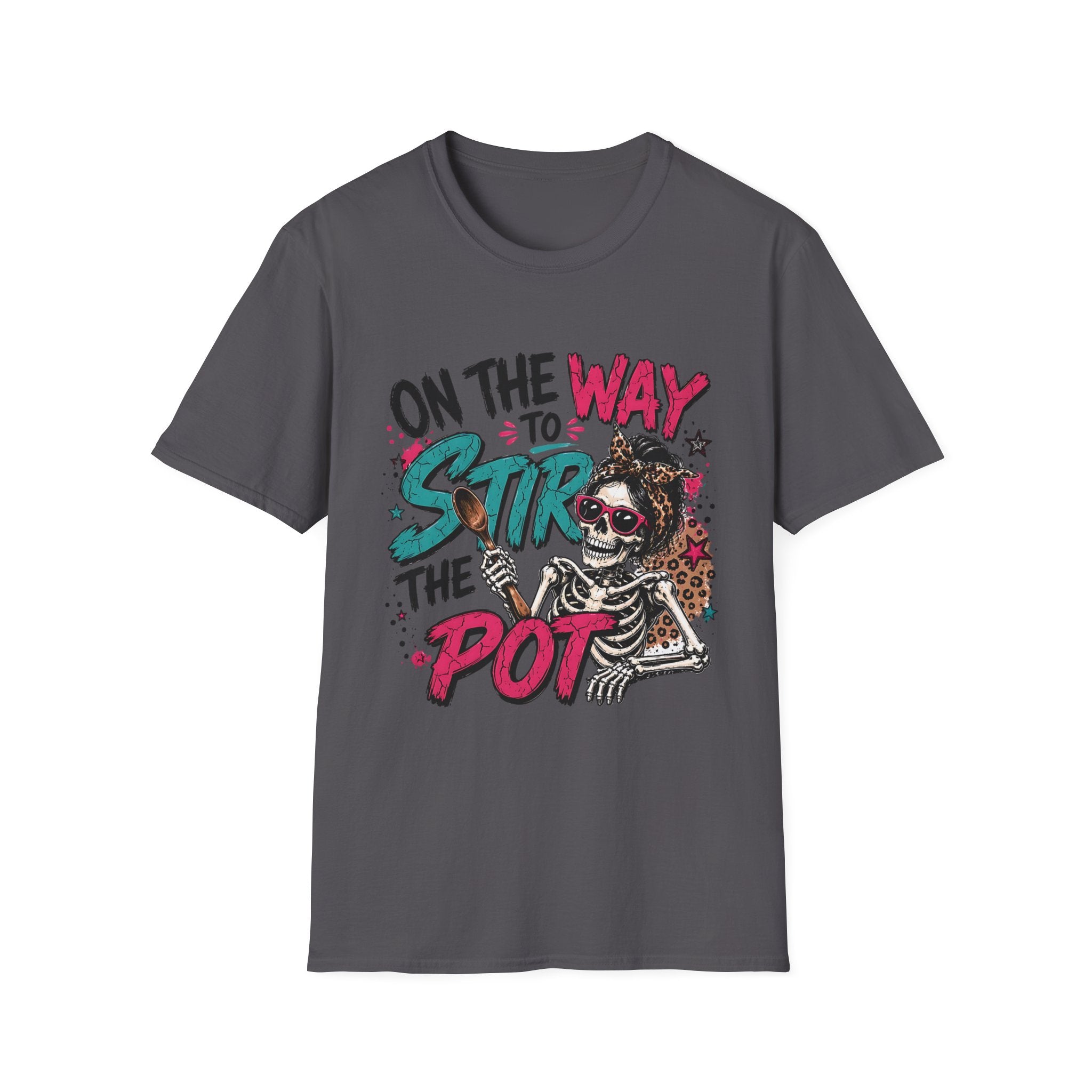 Charcoal t-shirt laid flat, printed with a skeleton and bold teal and pink lettering reading