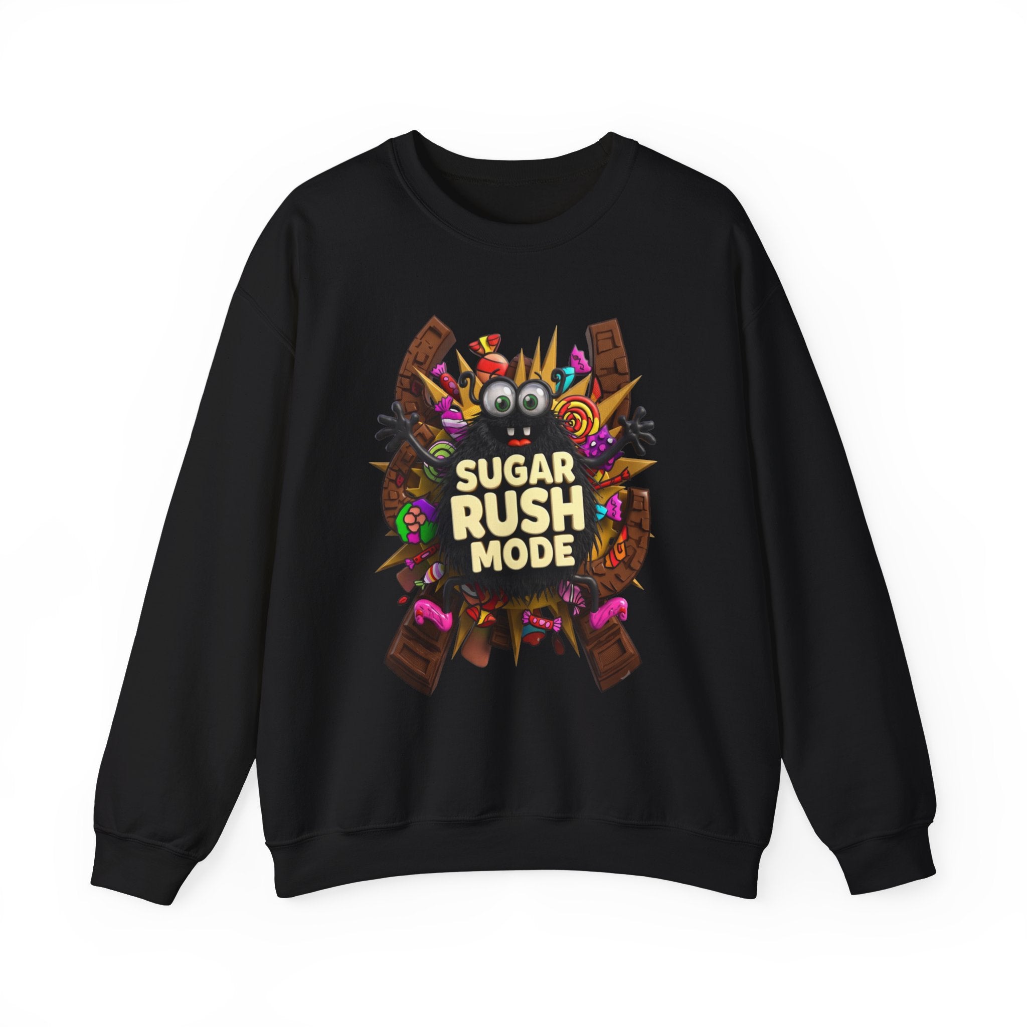 Black crewneck sweatshirt laid flat, printed with a fuzzy black monster with big googly eyes bursts out