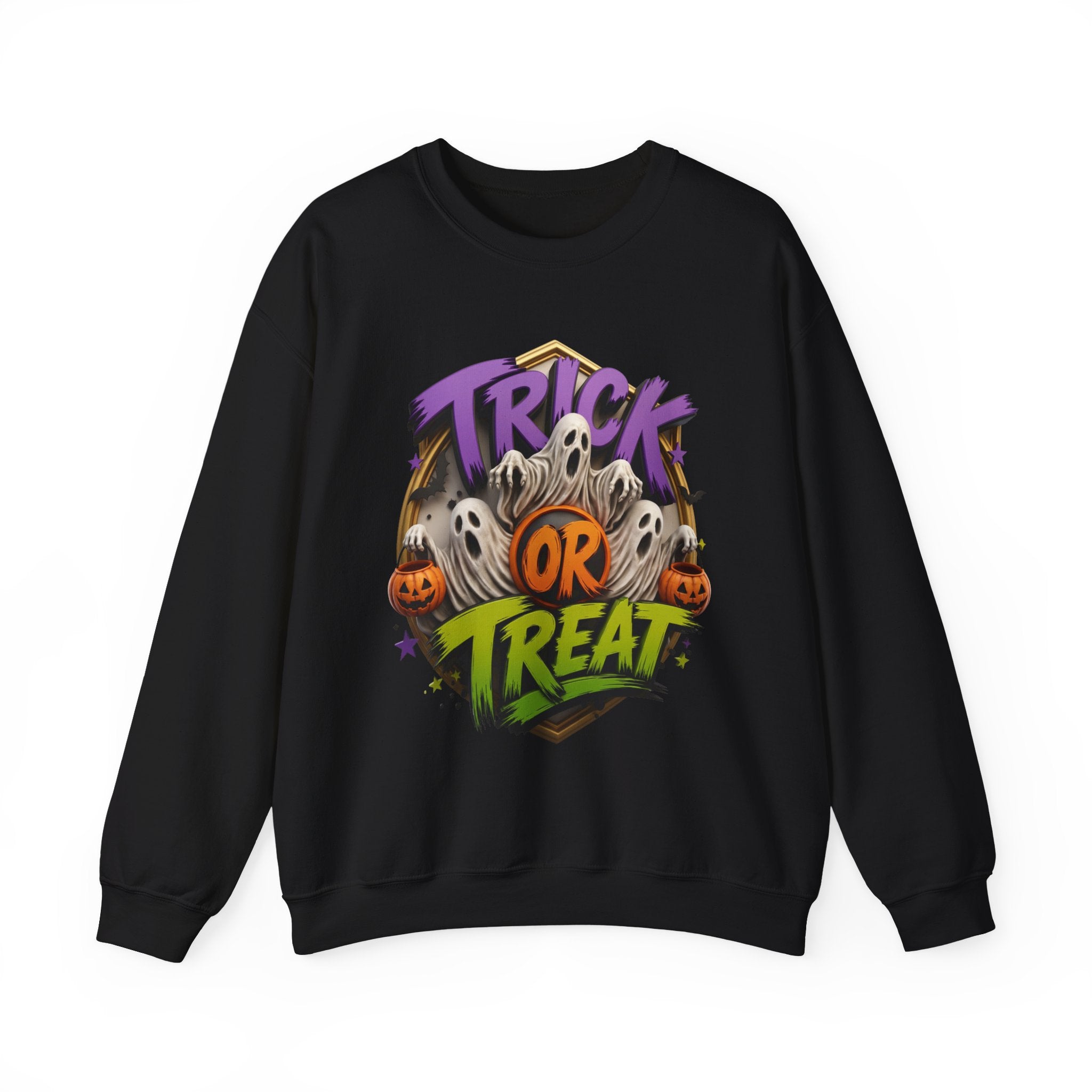 Black crewneck sweatshirt laid flat, printed with a huddle of wide-mouthed ghosts rises between two carved pumpkins