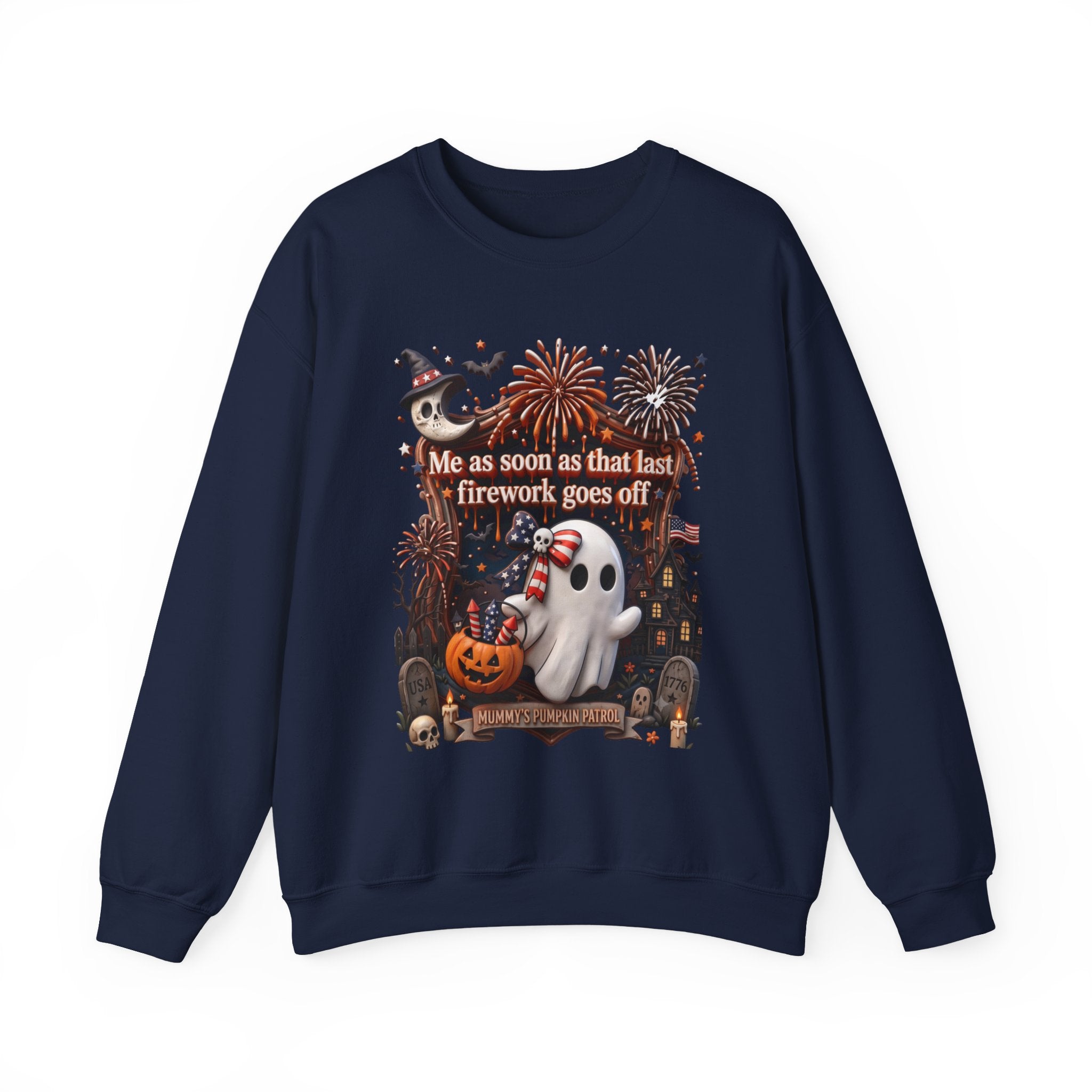 Navy crewneck sweatshirt laid flat, printed with a wide-eyed ghost clutches a striped firework