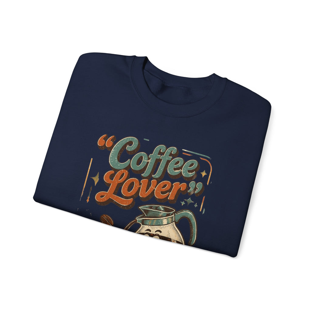 Navy crewneck sweatshirt folded to show the retro coffee pot print