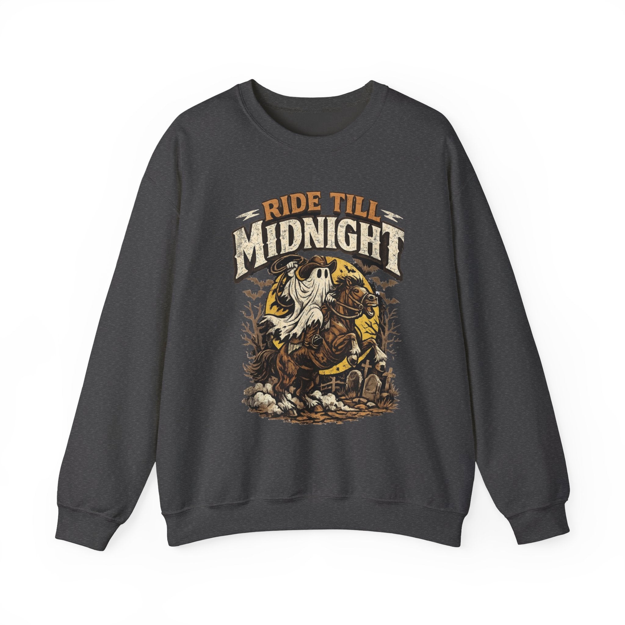 Dark Heather crewneck sweatshirt laid flat, printed with a vintage style skeleton on a motorcycle under a banner