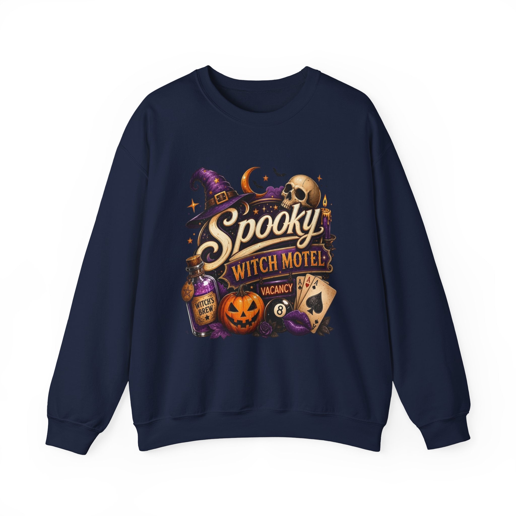 Navy crewneck sweatshirt laid flat, printed with a neon vintage motel sign reading spooky witch motel