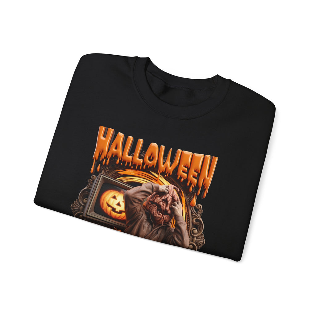 Black crewneck sweatshirt folded to show the hunched monster claws at its own head print