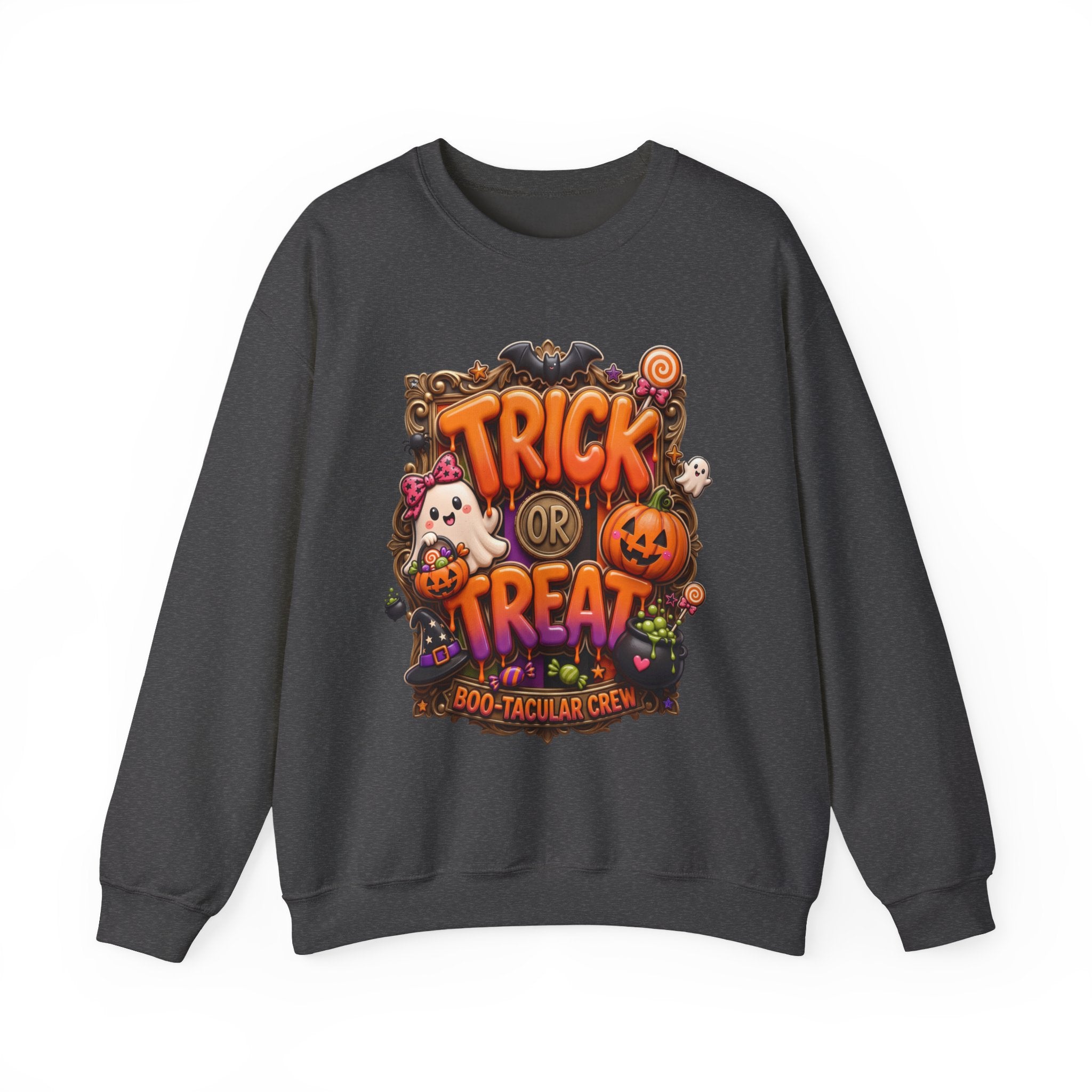 Dark Heather crewneck sweatshirt laid flat, printed with a puffy orange trick or treat lettering frames a bow-wearing