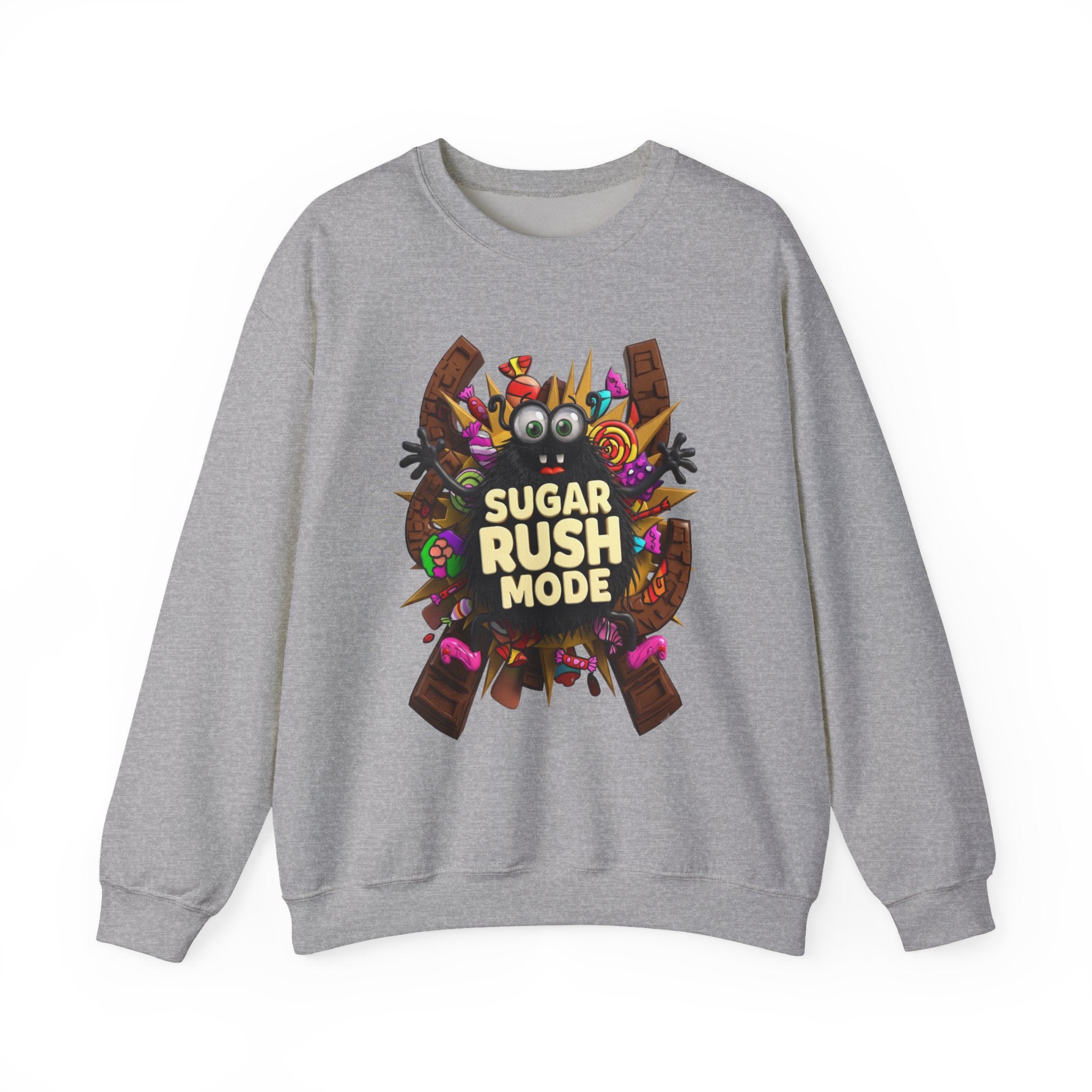 Sport Grey crewneck sweatshirt laid flat, printed with a fuzzy black monster with big googly eyes bursts out