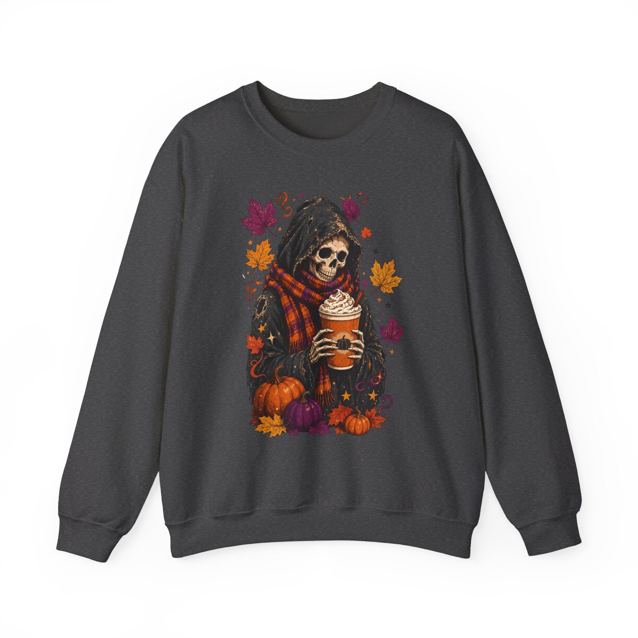 Dark Heather crewneck sweatshirt laid flat, printed with a hooded skeleton holding a pumpkin spice drink