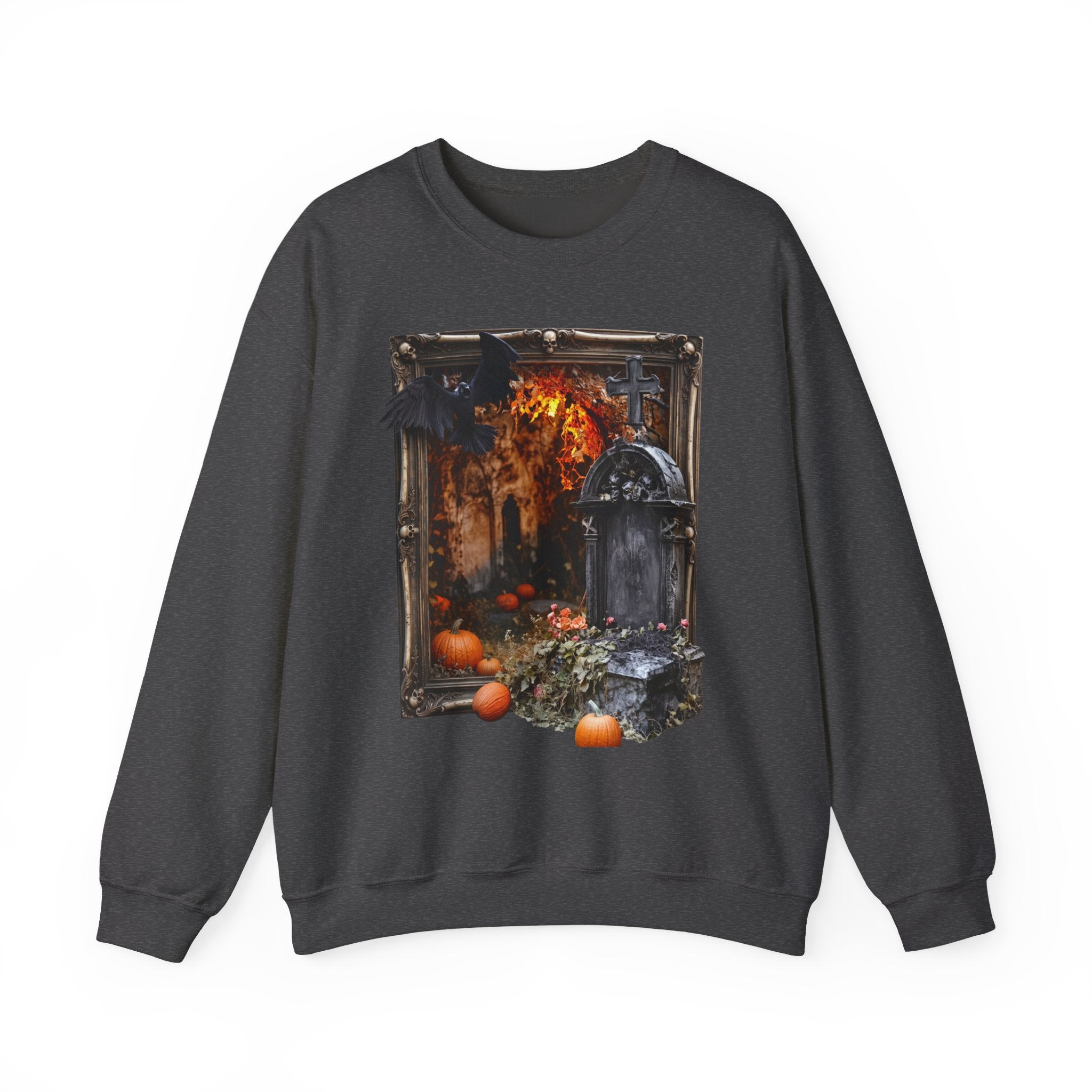 Dark Heather crewneck sweatshirt laid flat, printed with a framed painterly scene of a stone tomb