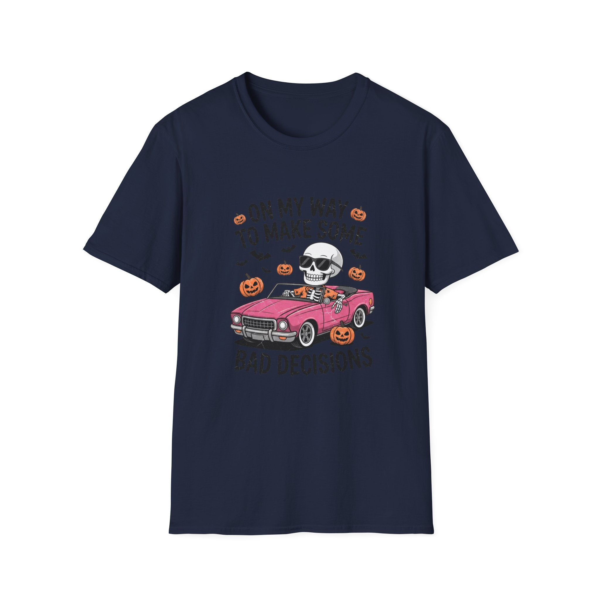 Navy t-shirt laid flat, printed with a pink convertible car and a skull