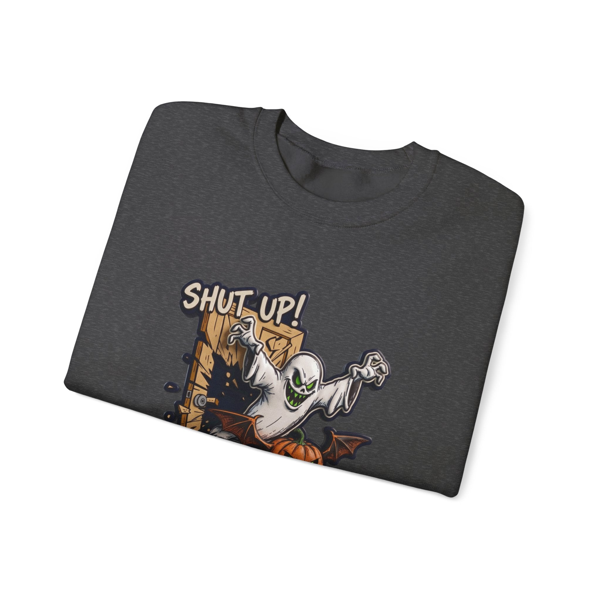 Dark Heather crewneck sweatshirt folded to show the green-eyed ghost with bat wings bursts through a wooden print