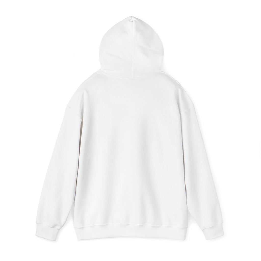 White hoodie folded to show the sunset skeleton print centred on the chest print