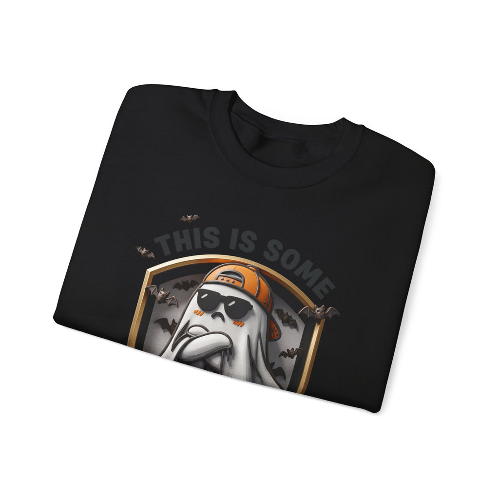 Black crewneck sweatshirt folded to show the sheet ghost in black sunglasses and a backward orange print