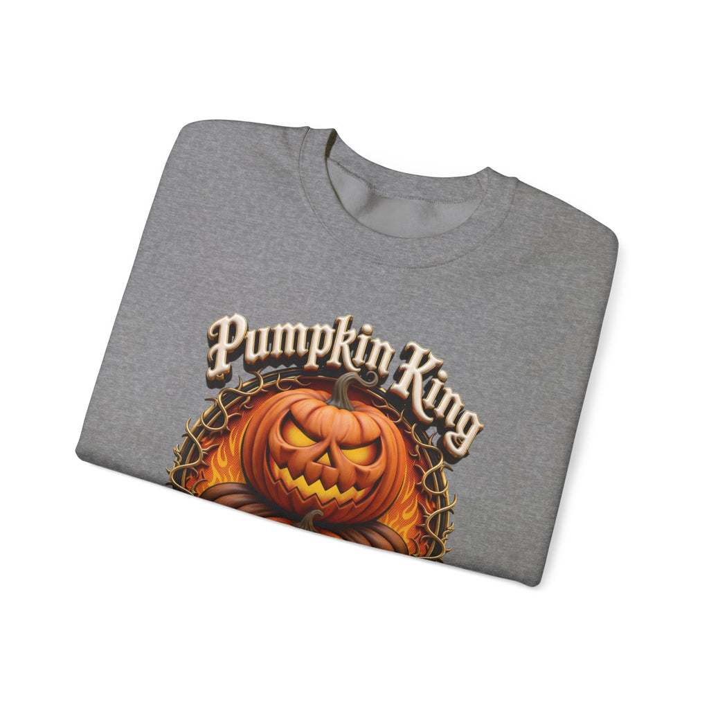 Graphite Heather crewneck sweatshirt folded to show the two fierce jack-o-lanterns stack up inside a thorny wreath print