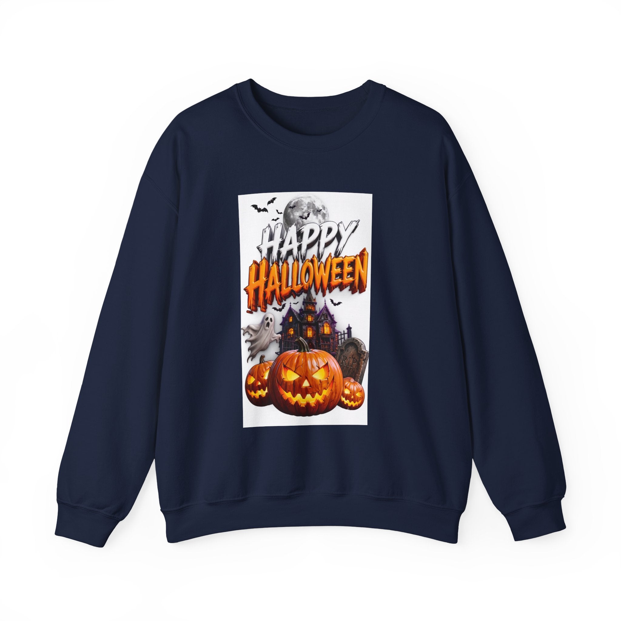 Navy crewneck sweatshirt laid flat, printed with a haunted house