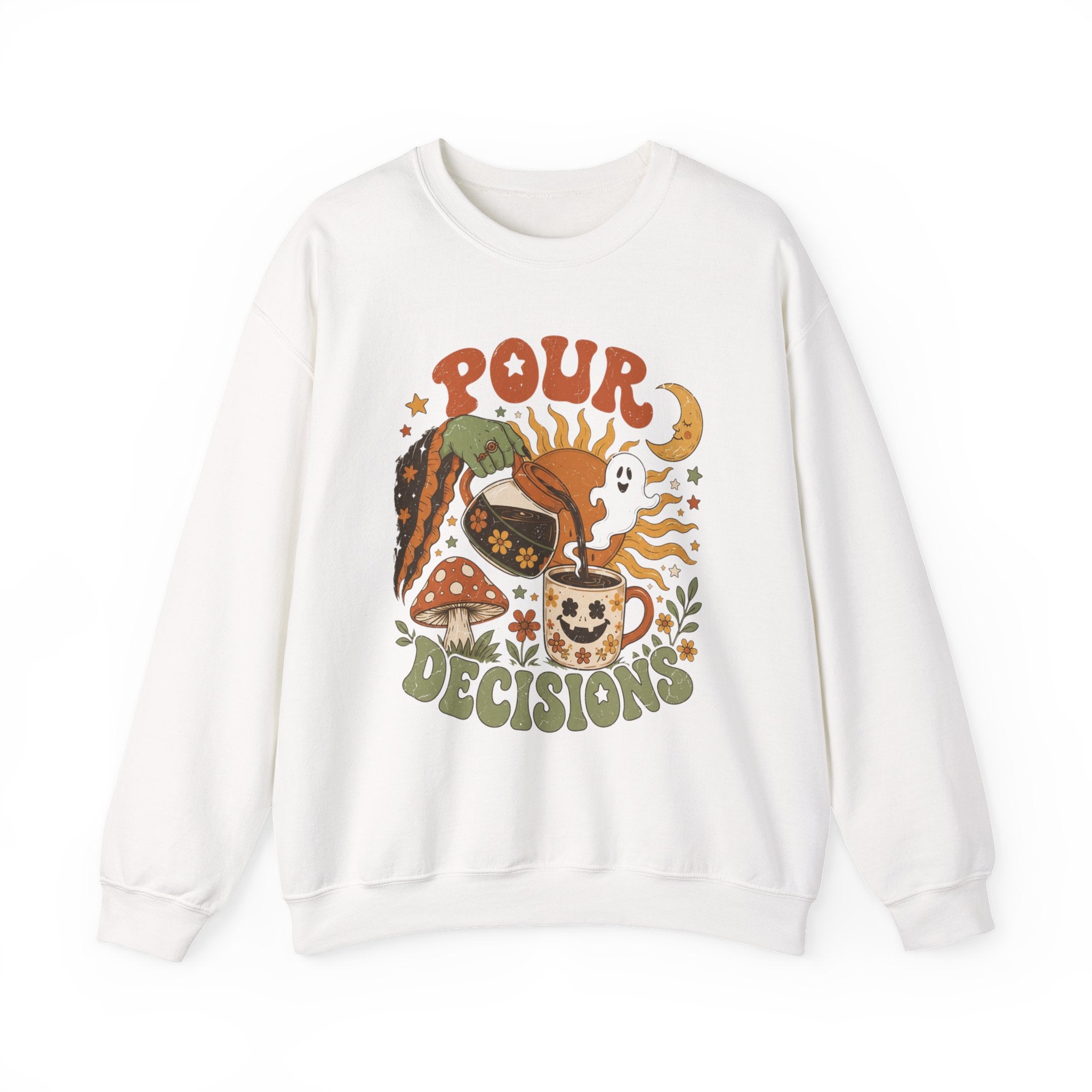 White crewneck sweatshirt laid flat, printed with a green witch hand tipping a flower-patterned coffee pot into
