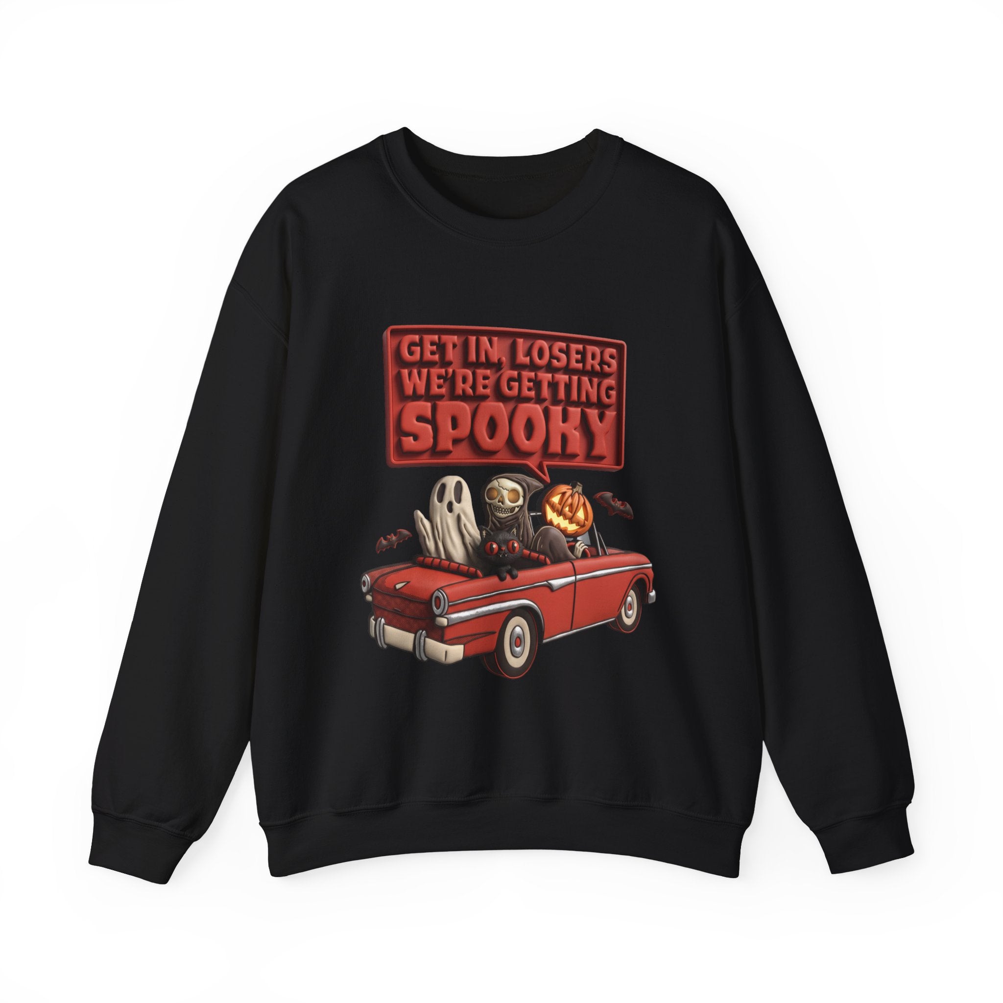 Black crewneck sweatshirt laid flat, printed with a ghost