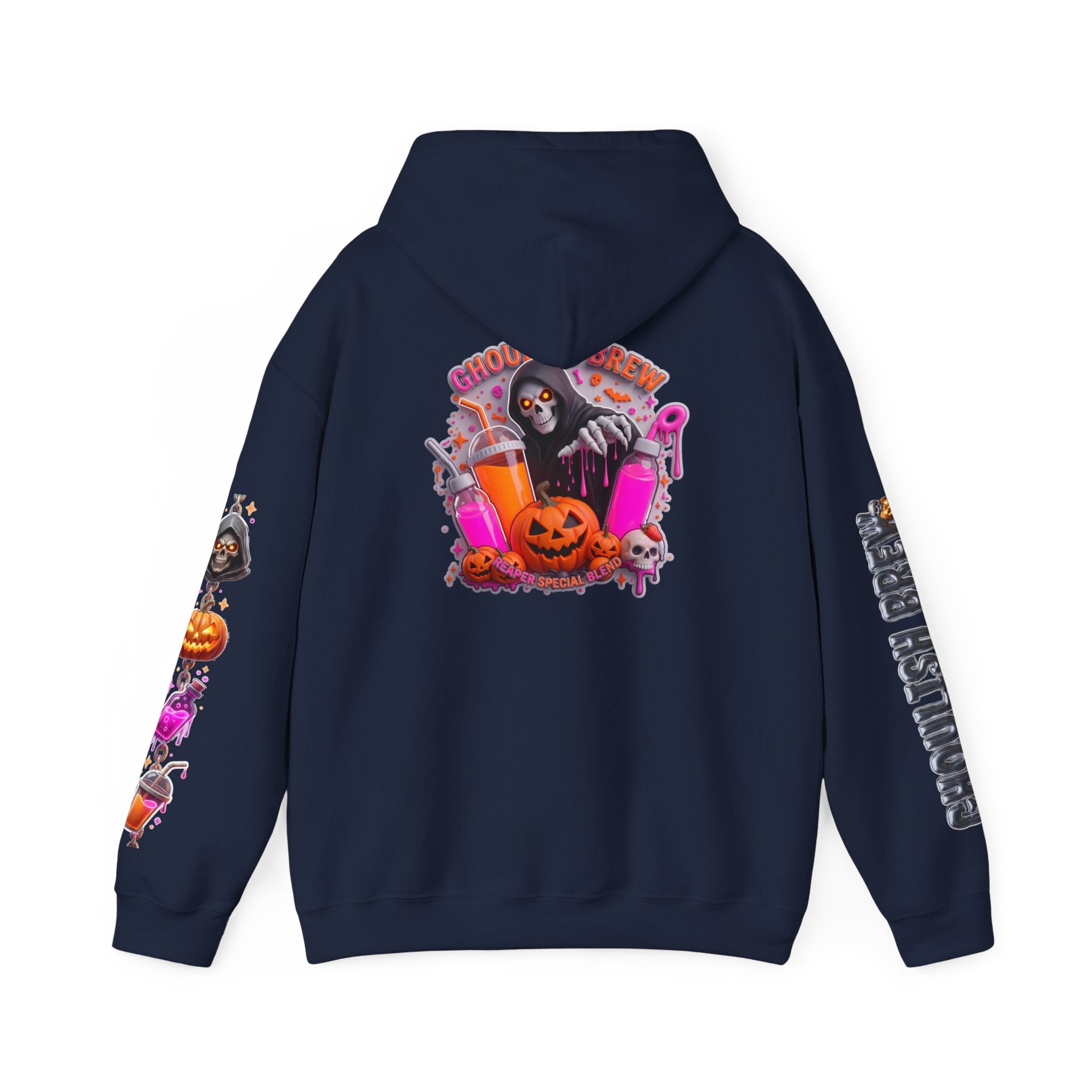 Navy hoodie, plain back — Potion Co jack-o-lanterns and potion bottles on the front