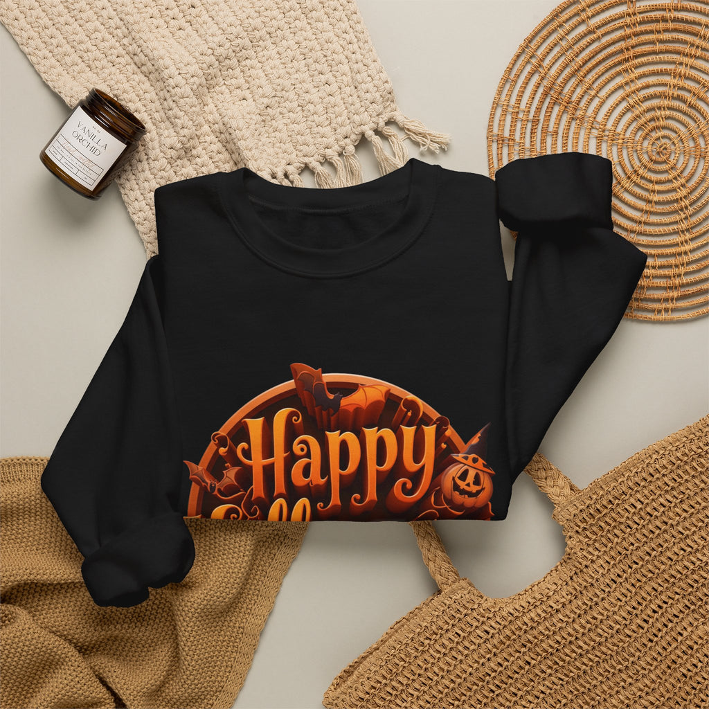 Black crewneck sweatshirt styled flat with a candle — glowing orange Happy Halloween badge
