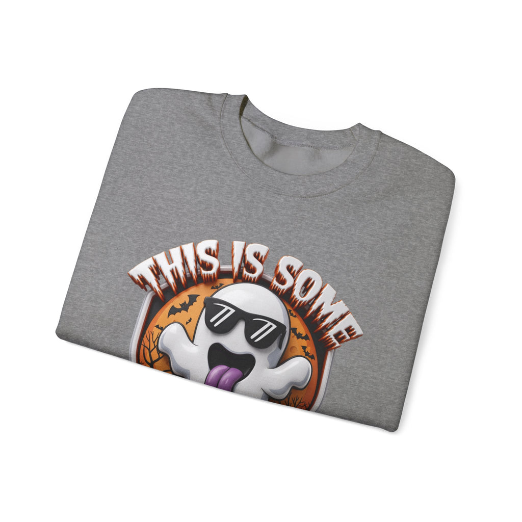 Graphite Heather crewneck sweatshirt folded to show the cartoon ghost in dark sunglasses sticks its purple tongue print