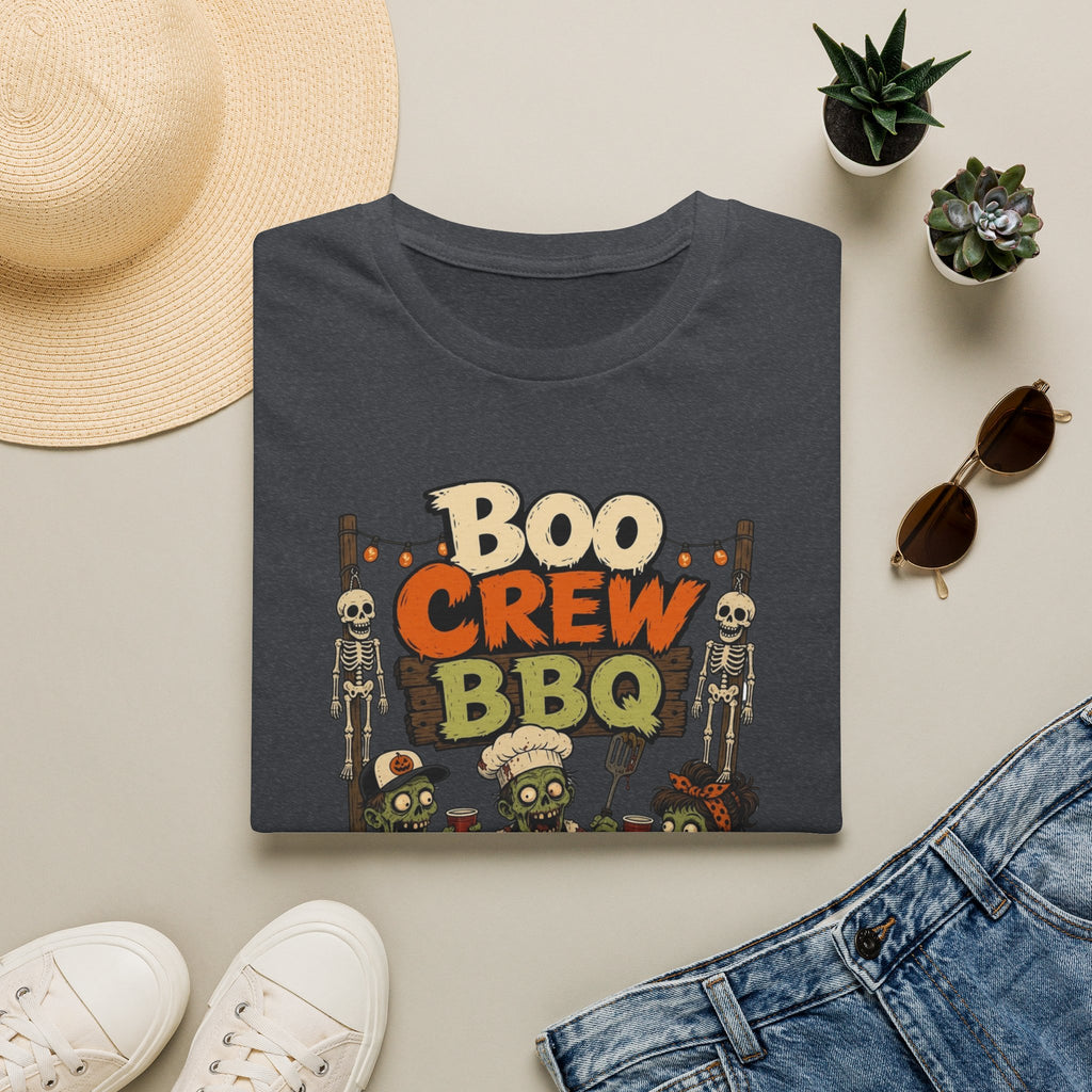 Dark Heather Grey t-shirt printed with a skeletons and zombies crowded around a smoking grill, view 17