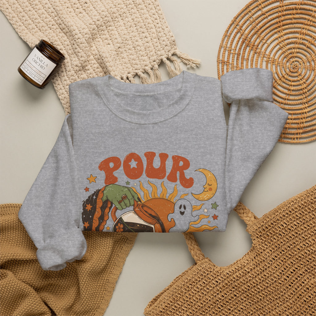 Sport Grey crewneck sweatshirt styled flat with a candle — green witch hand pouring coffee