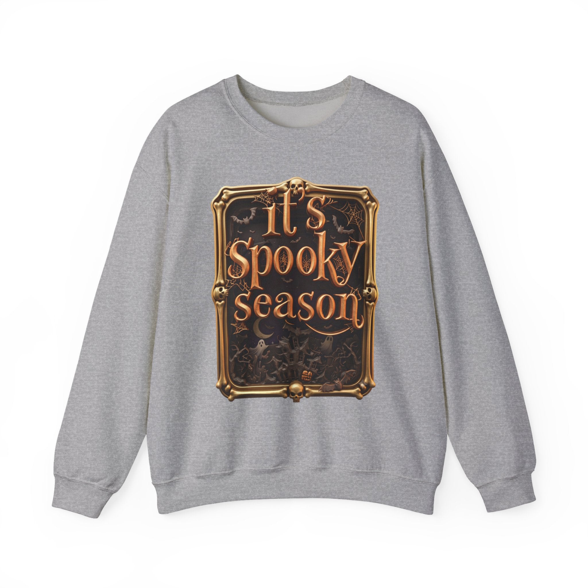 Sport Grey crewneck sweatshirt laid flat, printed with a copper serif lettering reads it's spooky season inside