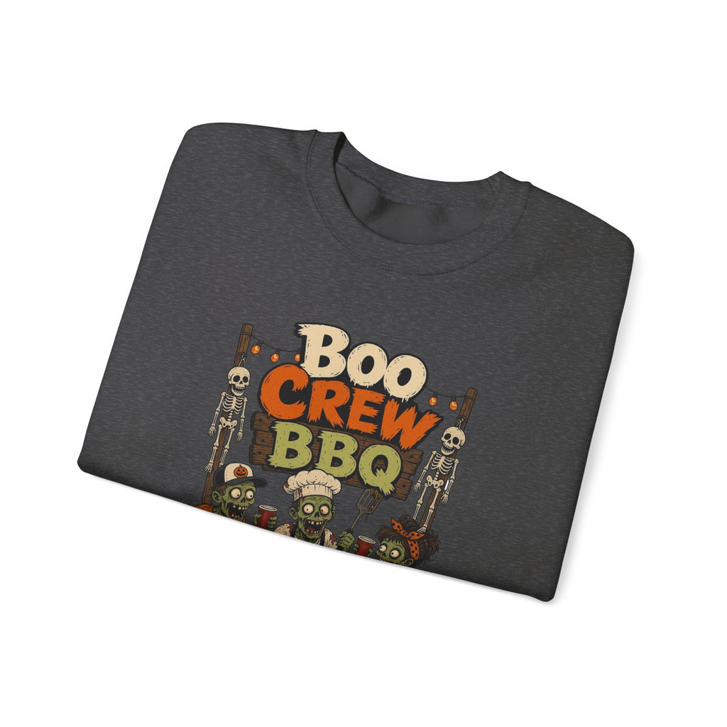 Dark Heather crewneck sweatshirt folded to show the skeletons and zombies working the grill under a hand-painted print