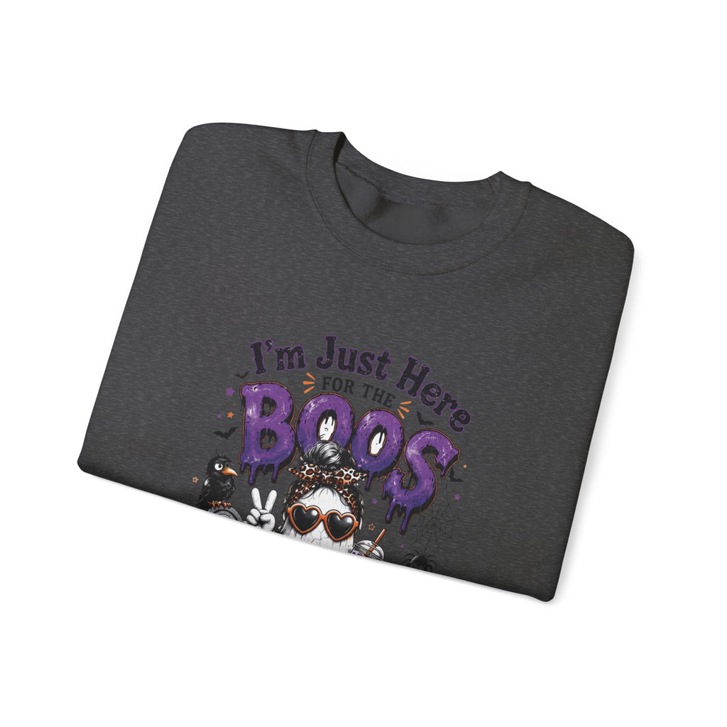 Dark Heather crewneck sweatshirt folded to show the three cartoon ghosts in sunglasses print