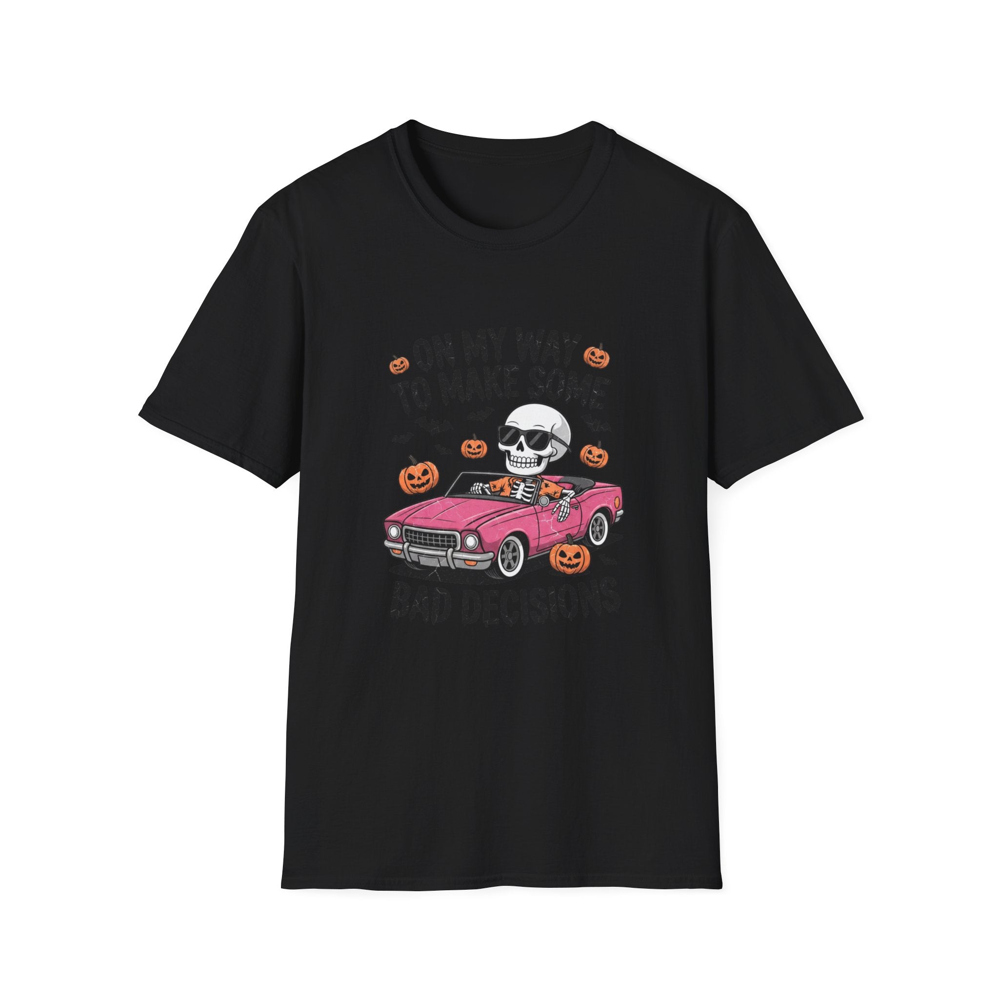 Black t-shirt laid flat, printed with a pink convertible car and a skull