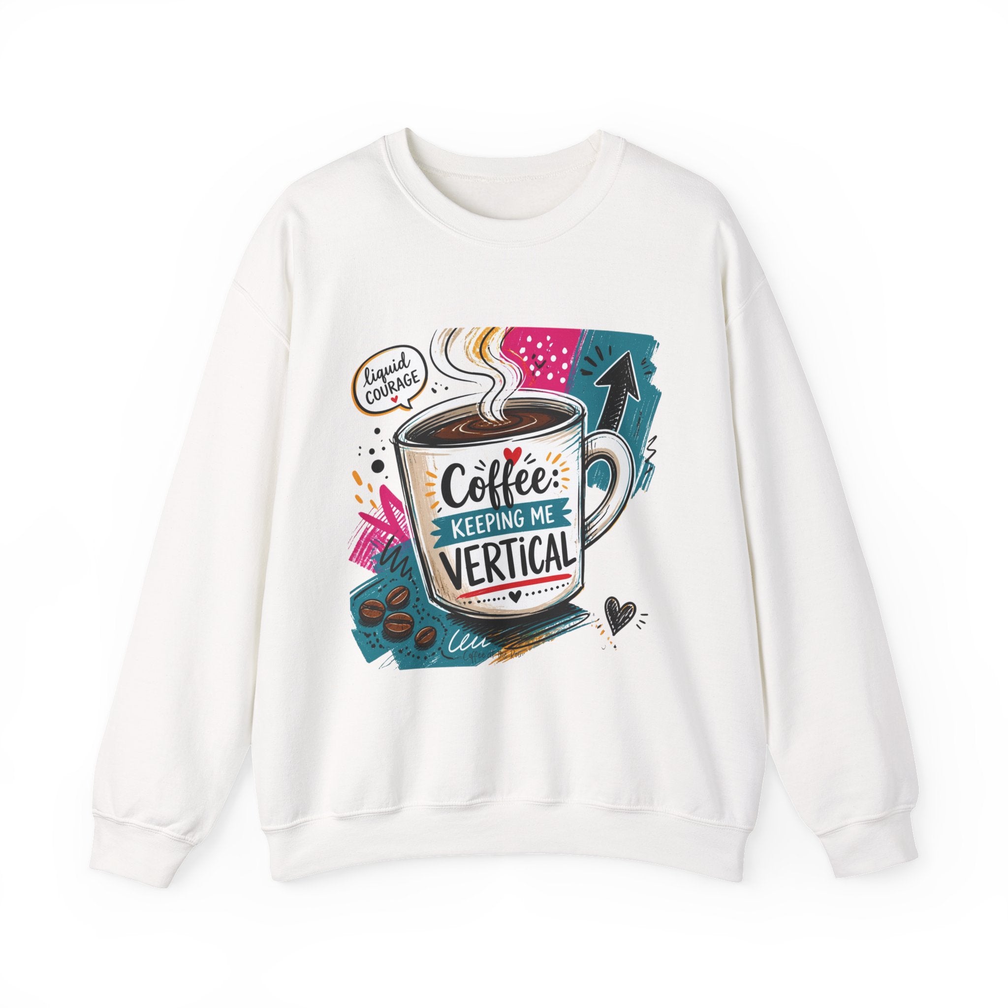 White crewneck sweatshirt laid flat, printed with a striped coffee mug in a retro paper collage reading