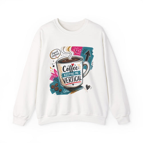 White crewneck sweatshirt laid flat, printed with a striped coffee mug in a retro paper collage reading
