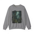 Graphite Heather crewneck sweatshirt laid flat, printed with a moonlit forest of gnarled mossy trees drifts into pale