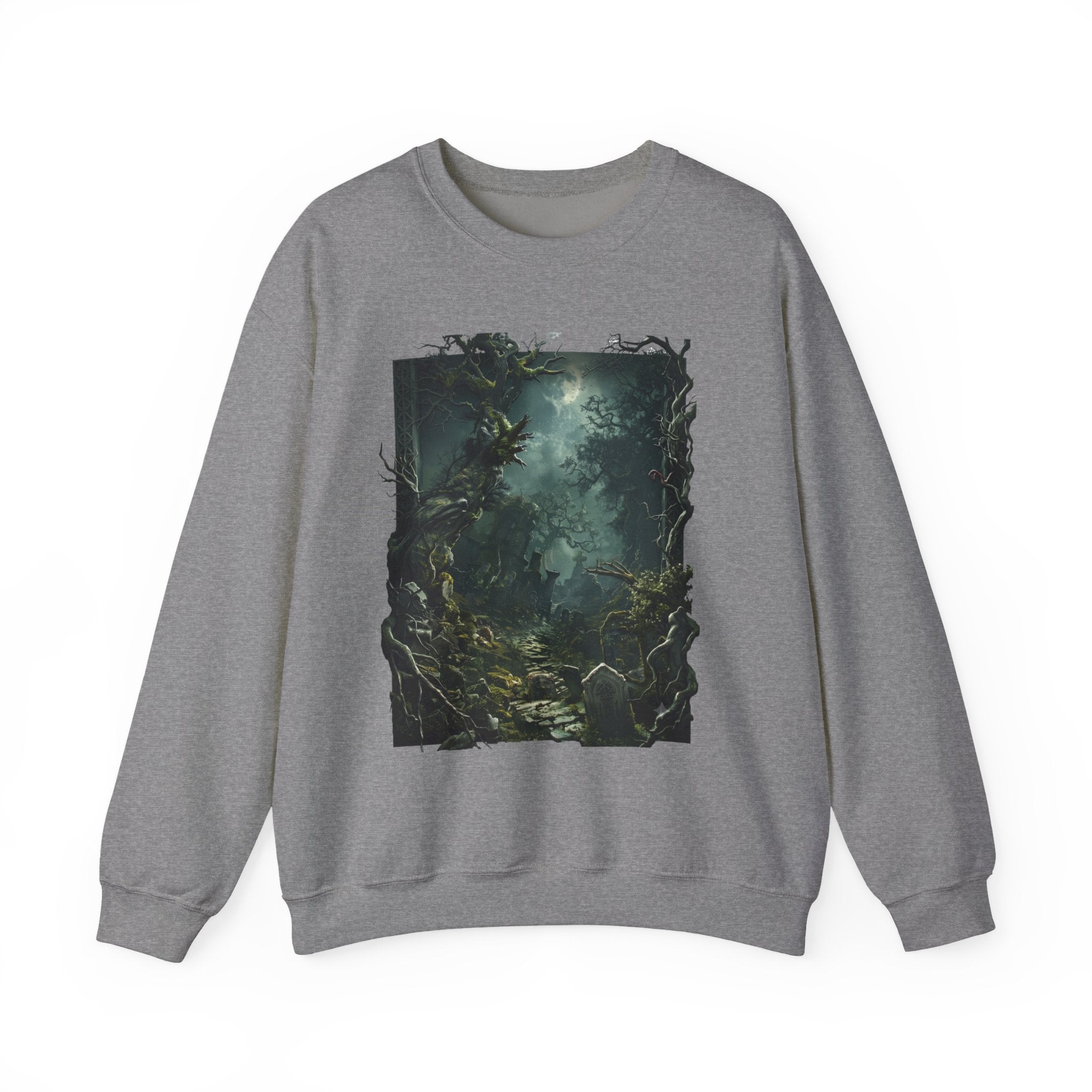 Graphite Heather crewneck sweatshirt laid flat, printed with a moonlit forest of gnarled mossy trees drifts into pale