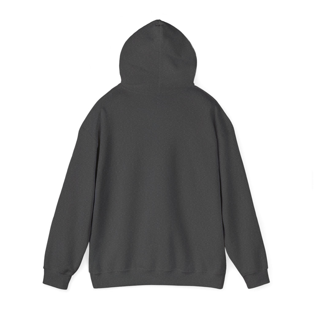 Dark Heather hoodie folded to show the sunset skeleton print centred on the chest print